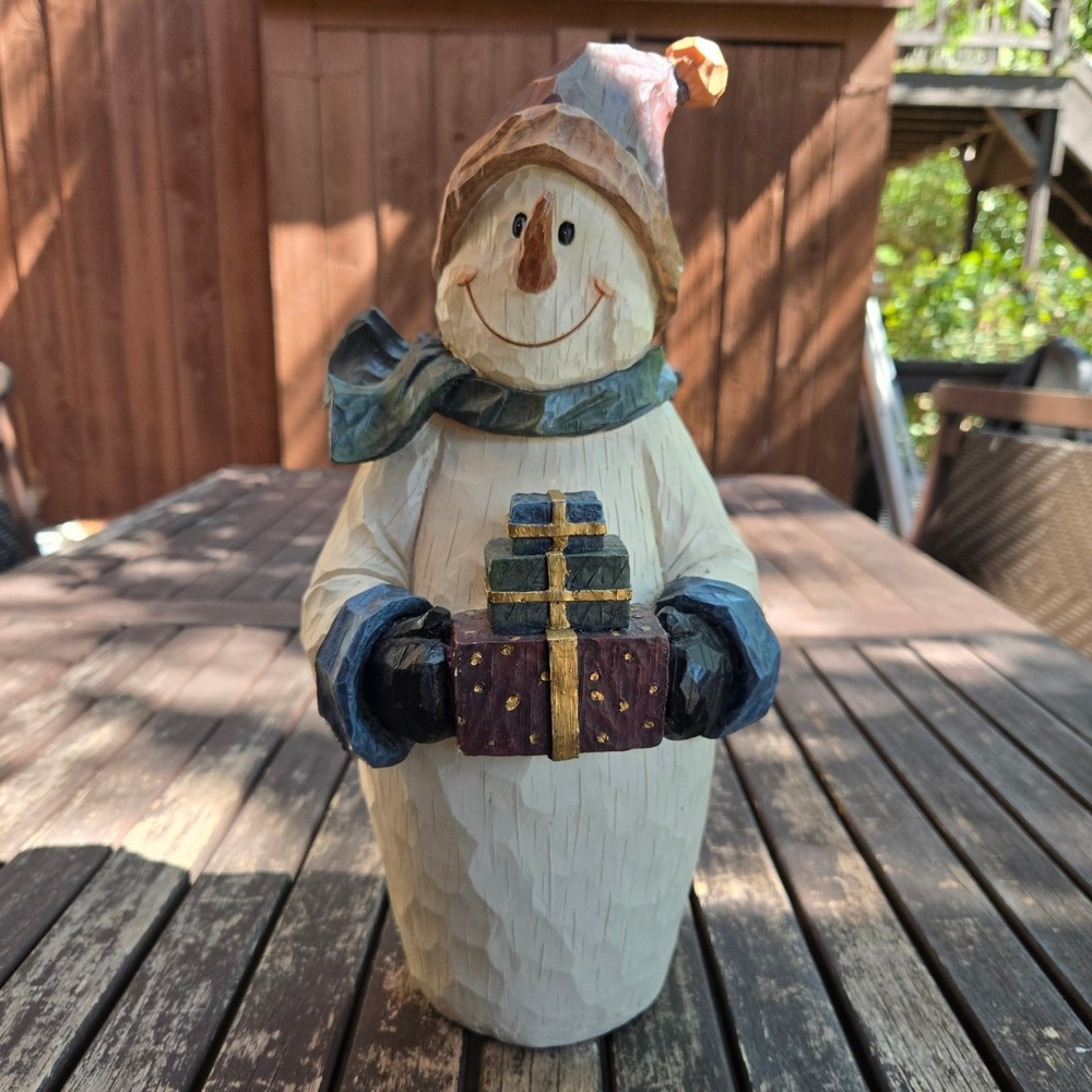 Vintage Faux Carved Wood Resin Snowman Figurine Holding Presents